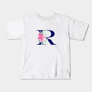 Watercolor Floral Letter R in Navy Kids T-Shirt